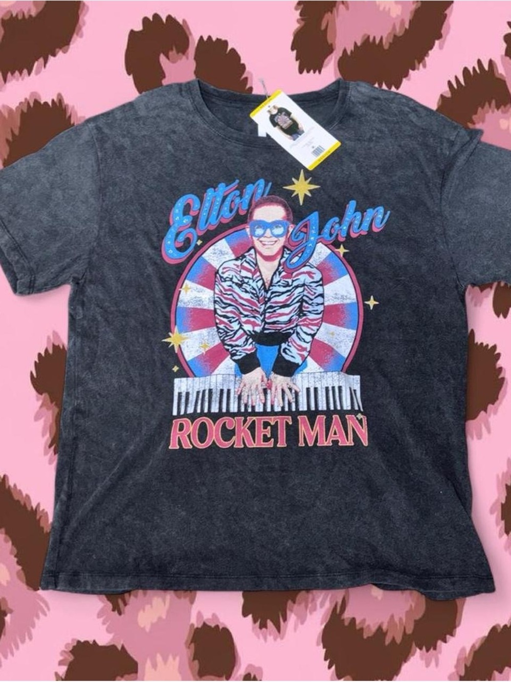 NWT Elton John Rocket Man Graphic Tee Medium Acid Wash Charcoal Grey Band Shirt